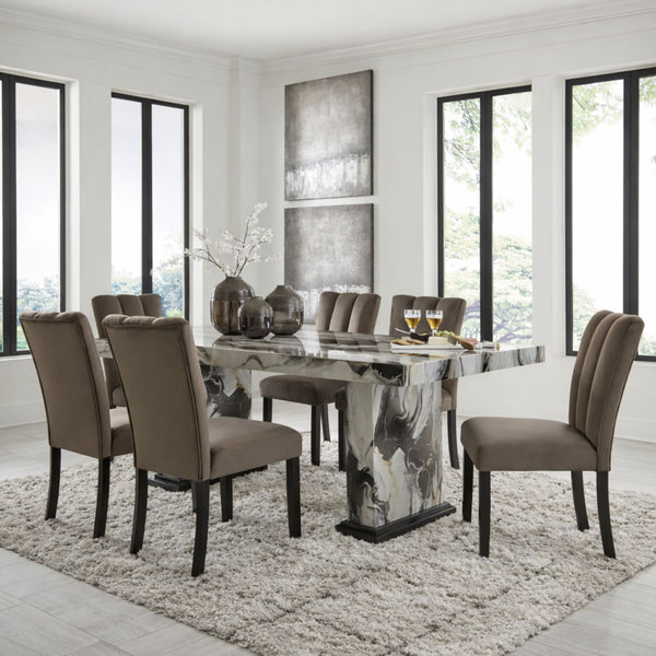 Elegant Jeshina marble look dining room set by Signature Ashley with a round table and matching chairs, perfect for modern dining spaces.