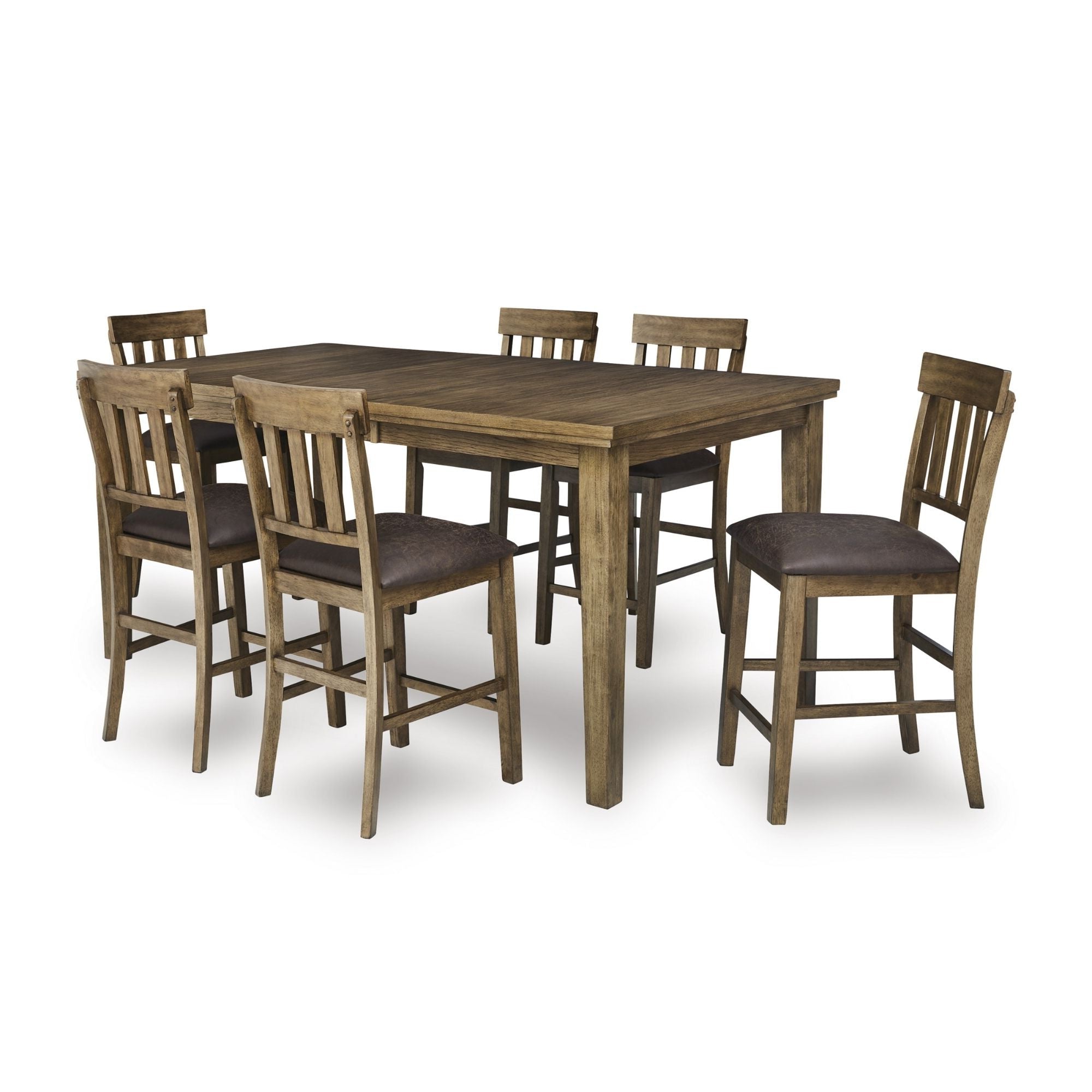 Ashley Urbinforte 7-piece counter height dining table set with light brown wood finish, includes table and matching chairs.