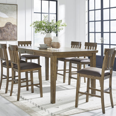 Signature Ashley Urbinforte 7-piece counter height dining set with light brown wood finish and matching chairs.