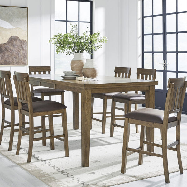 Signature Ashley Urbinforte 7-piece counter height dining set with light brown wood finish and matching chairs.