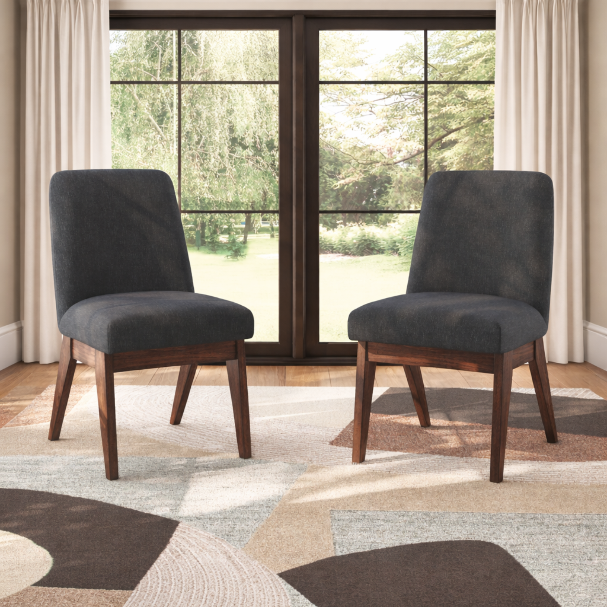 Set of two Dilenno UPH Side Dining Chairs by Signature Ashley with upholstered seats and wooden legs, modern kitchen dining room style.