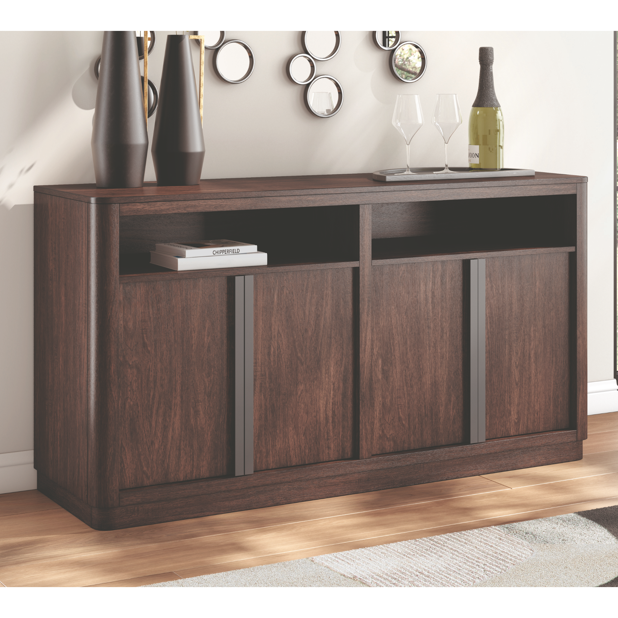 Brown Dilenno dining room server by Signature Ashley featuring multiple shelves and storage drawers for elegant dining room organization.