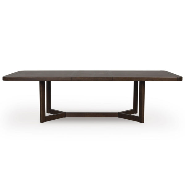 Brown Dilenno RECT dining room extension table by Signature Ashley, showing the sleek wooden surface and sturdy legs.