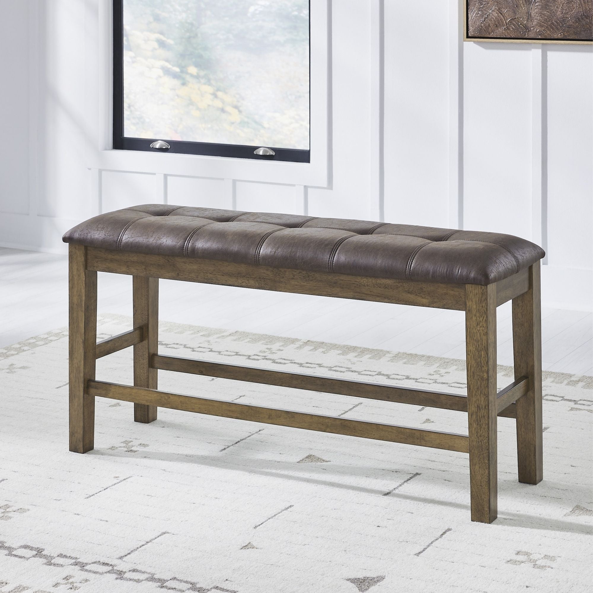 Ashley Urbinforte 6-piece counter dining room set with light brown finish, includes table and matching chairs for casual dining.