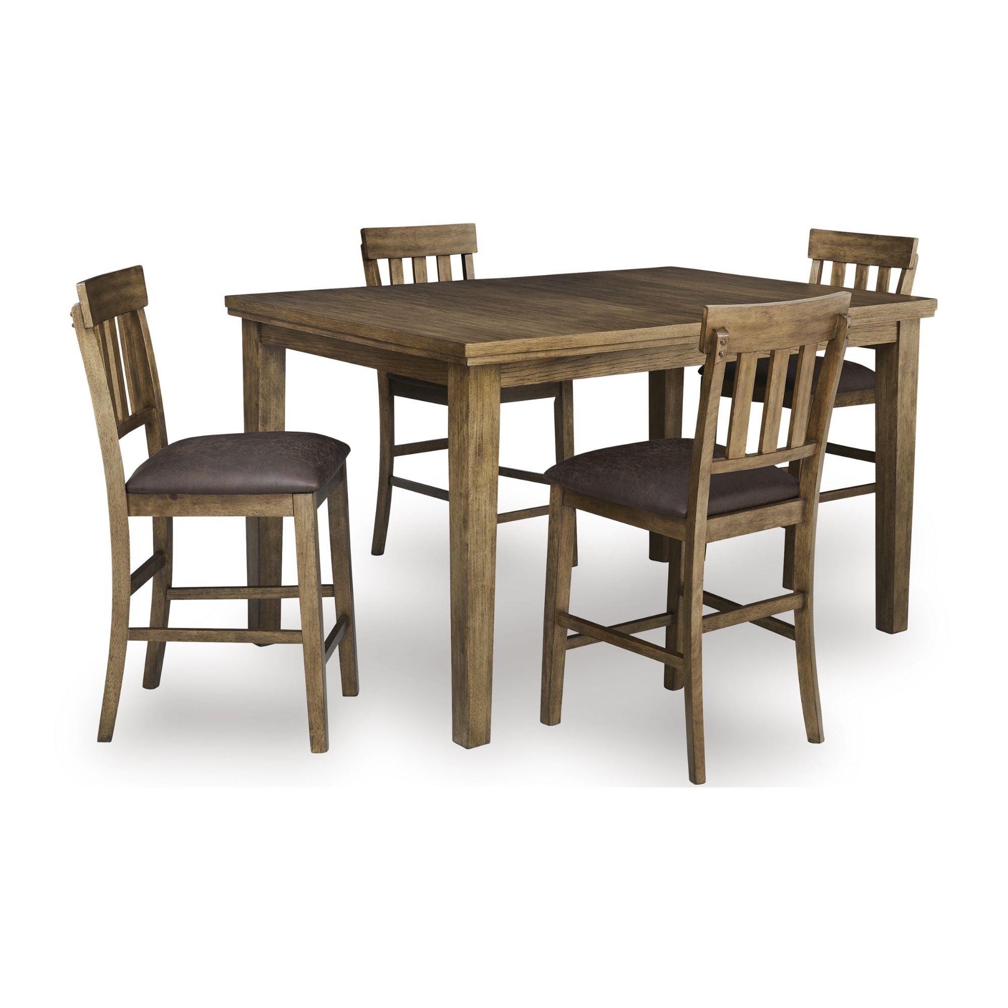 Light brown Ashley Urbinforte 5-piece counter height dining table set with matching stools, ideal for casual dining spaces.