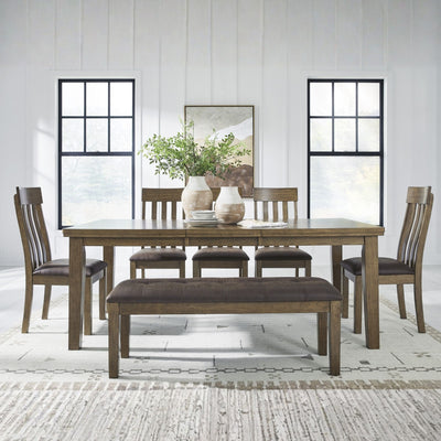 Light brown 6-piece Ashley dining room set with table and matching chairs, perfect for modern home dining spaces.