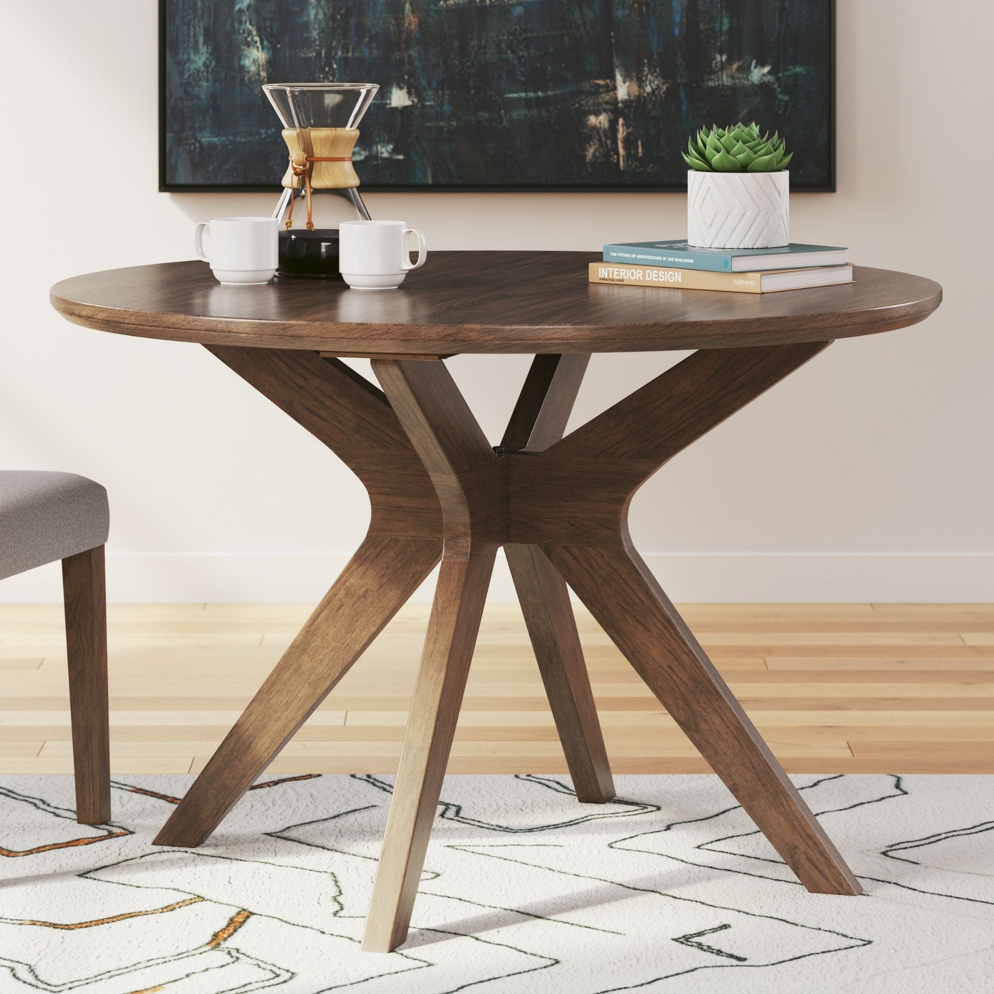Round dining room table from the Lyncott Collection by Signature Ashley, with a mustard finish and elegant design.