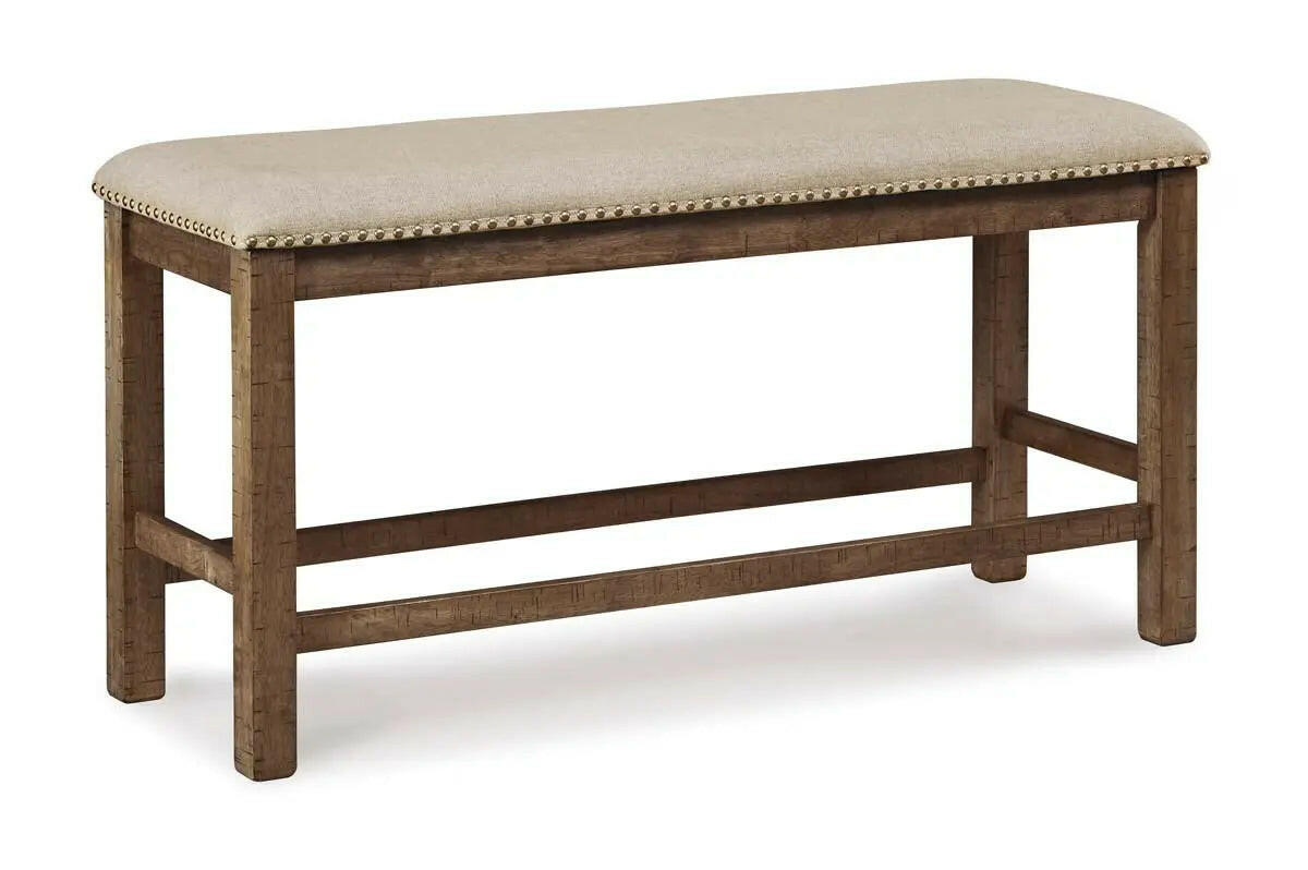 Ashley Moriville 6-piece counter height dining set in grayish brown, featuring a table and matching chairs in a modern design.