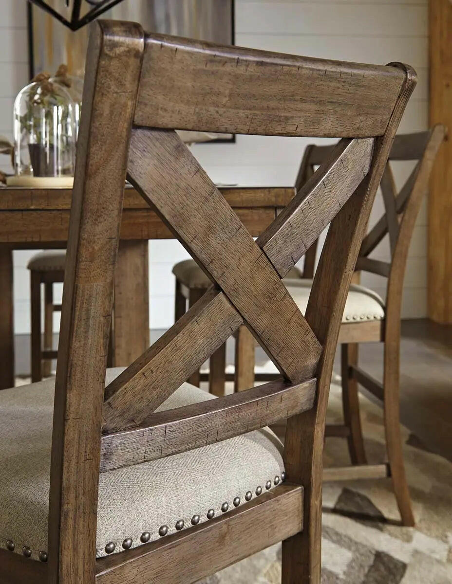 Ashley Moriville 6-piece counter height dining set in grayish brown with matching chairs, perfect for modern dining rooms.