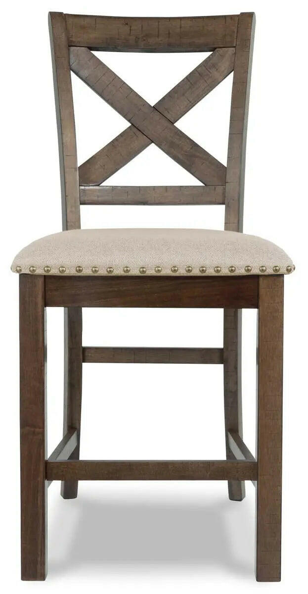 Ashley Moriville 6-piece grayish brown counter height dining set with matching chairs, shown from a head-on view.