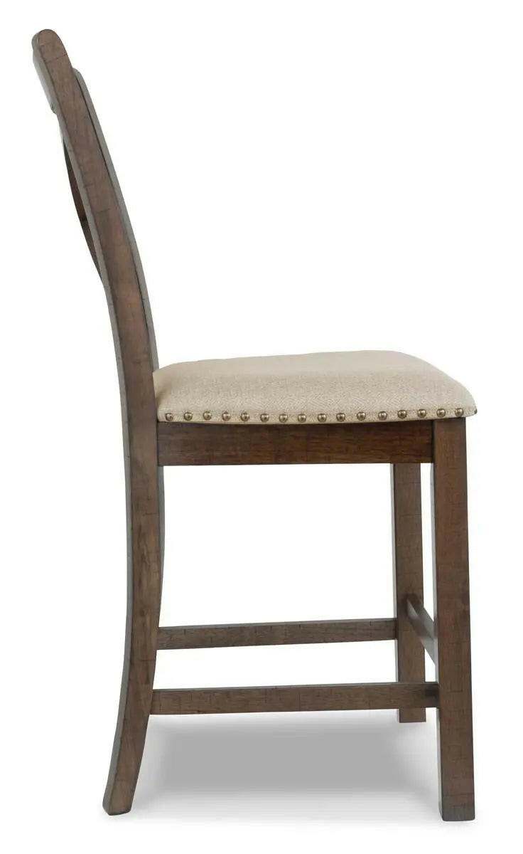 Ashley Moriville 6-piece counter height dining set in grayish brown with a table and six matching chairs.