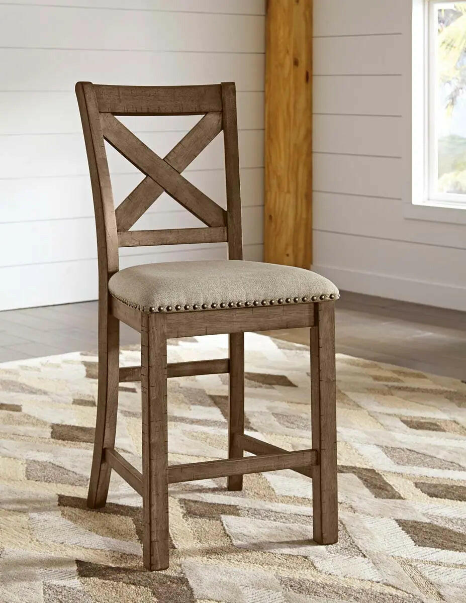 Ashley Moriville 6-piece counter height dining set in grayish brown, includes table and chairs, perfect for modern dining rooms.