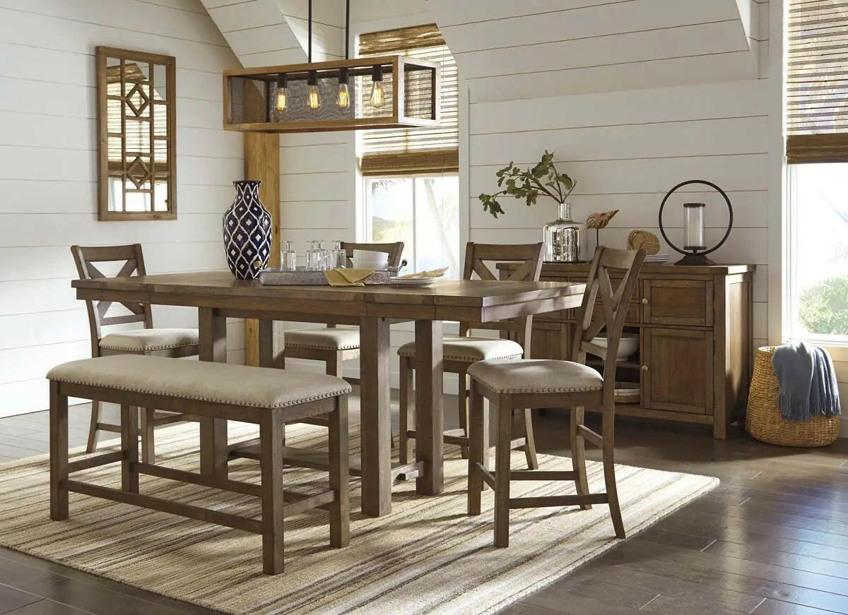 Ashley Moriville 6-piece counter height dining set in grayish brown, includes table and matching chairs, perfect for modern dining rooms.