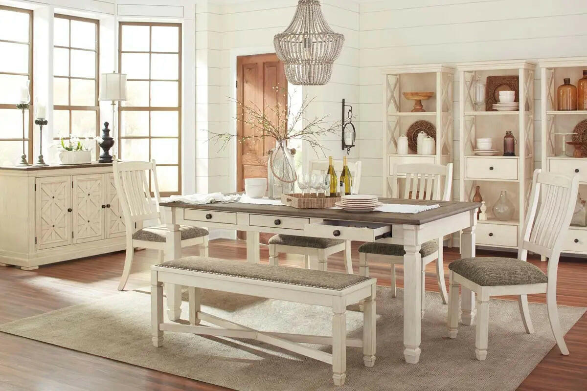 Bolanburg 6-piece white dining room set by Signature Ashley with table and matching chairs in a modern dining space