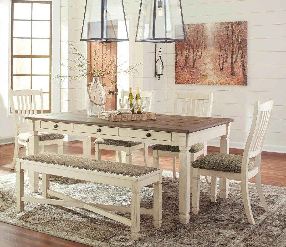 White Bolanburg 6-piece dining room set by Signature Ashley, including table and chairs, shown in a modern dining space.