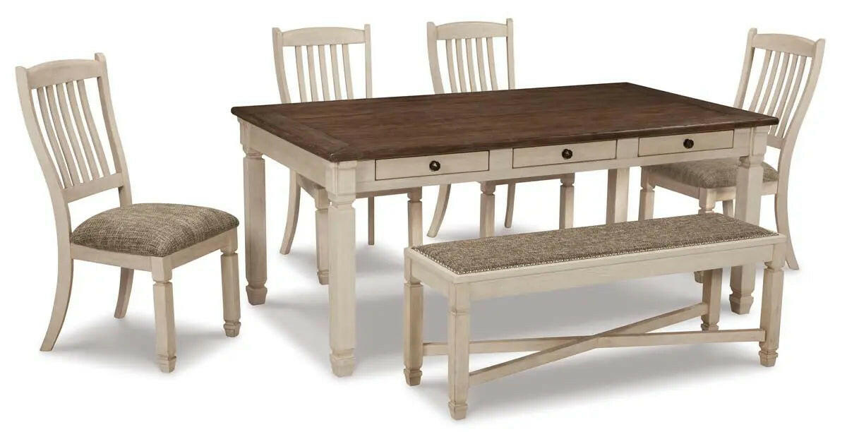 White Bolanburg 6-piece dining room set by Signature Ashley, includes table and chairs, shown in a modern dining space.