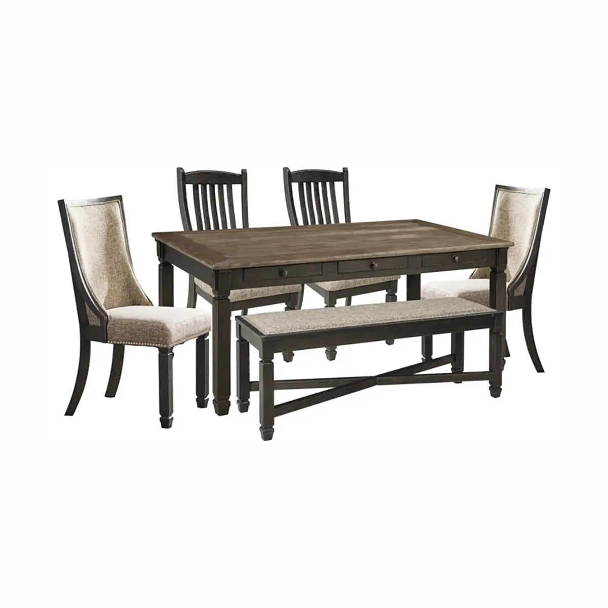 Signature Ashley Tyler Creek two-tone dining room set featuring elegant arm chairs and a modern dining table in a stylish setting.
