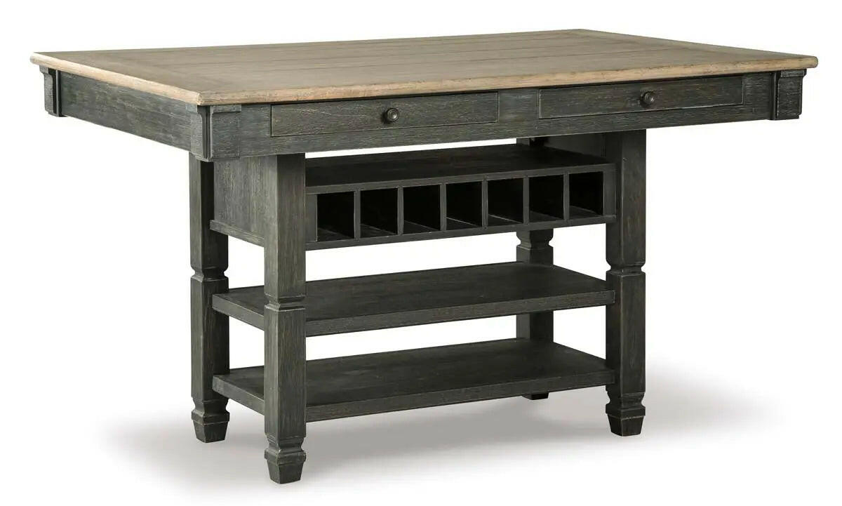 Signature Ashley Tyler Creek counter height 6-piece dining set with black and grey finish, includes table and chairs in a modern dining room.