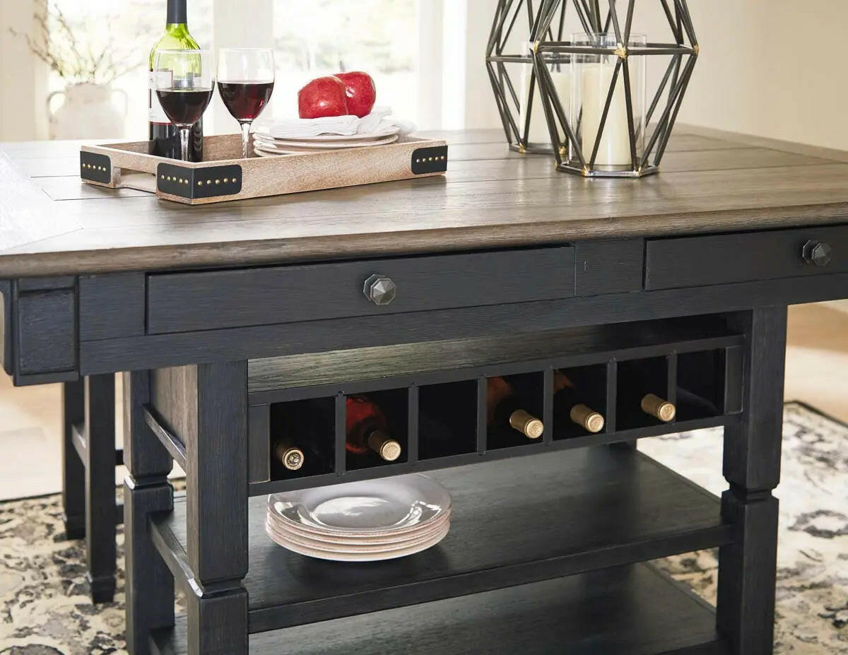 Signature Ashley Tyler Creek counter height 6-piece dining set in black and grey with wooden seats and table detail.