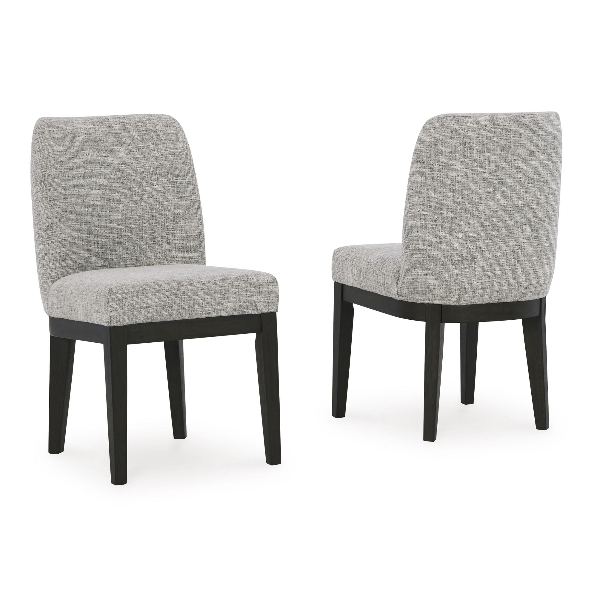 Set of two Signature Ashley Burkhaus Dining UPH side dining chairs with upholstered seats and wooden legs.