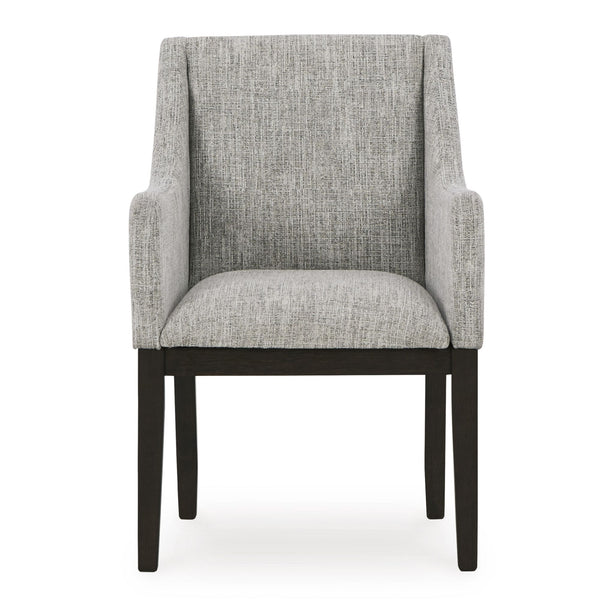 Pair of Signature Ashley Burkhaus Dining UPH Arm Chairs with upholstered seats and wooden legs, set of two.