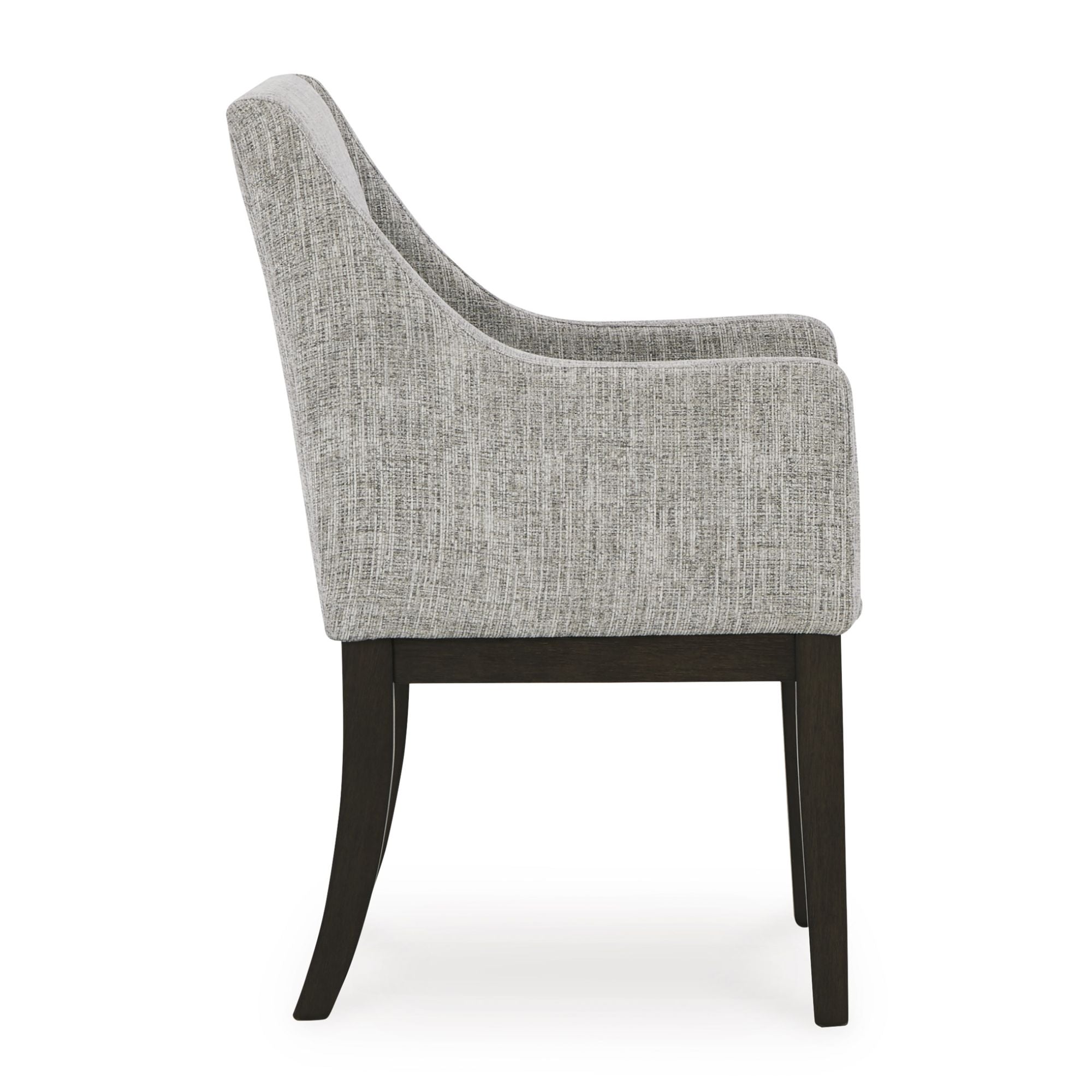Set of two Signature Ashley Burkhaus Dining UPH Arm Dining Chairs with upholstered seats and wooden legs.