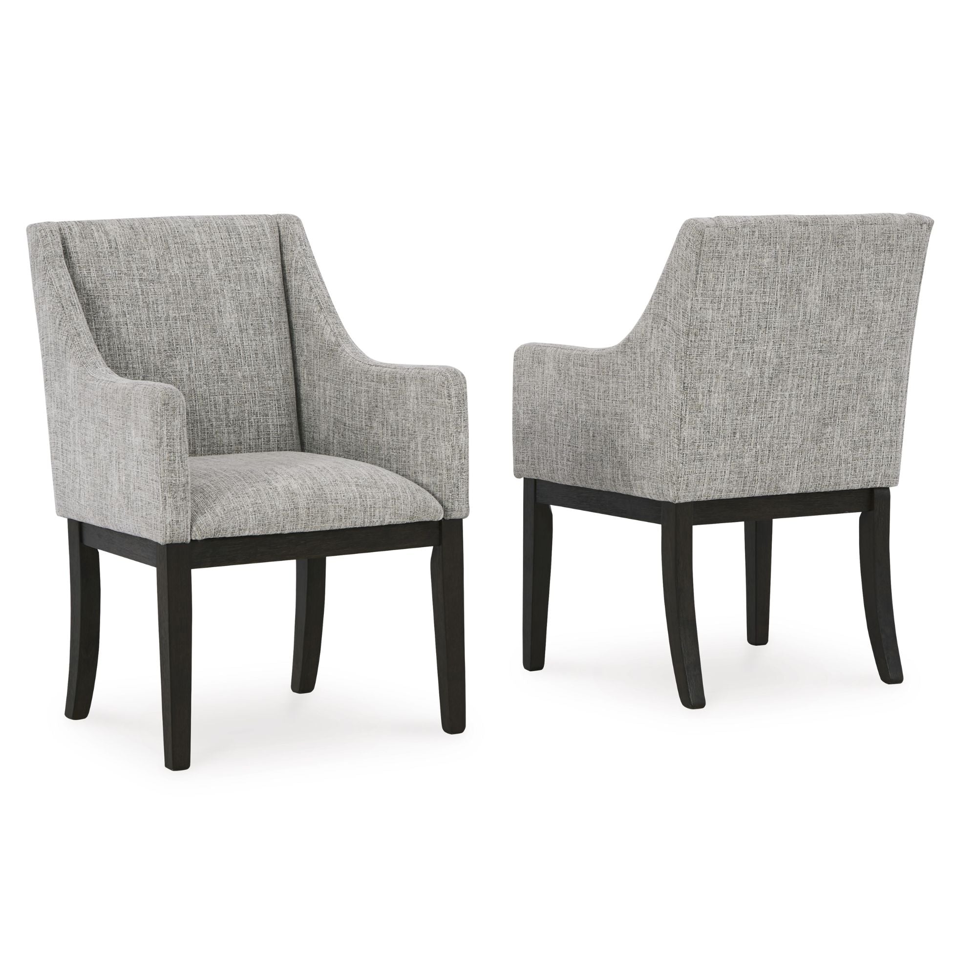 Set of two Signature Ashley Burkhaus Dining UPH Arm Chairs with upholstered seats and wooden legs, stylish and comfortable for dining rooms.