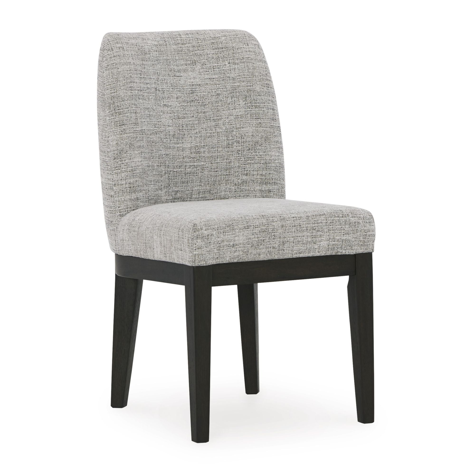 Set of two Signature Ashley Burkhaus Dining UPH side dining chairs with upholstered seats and wooden legs.