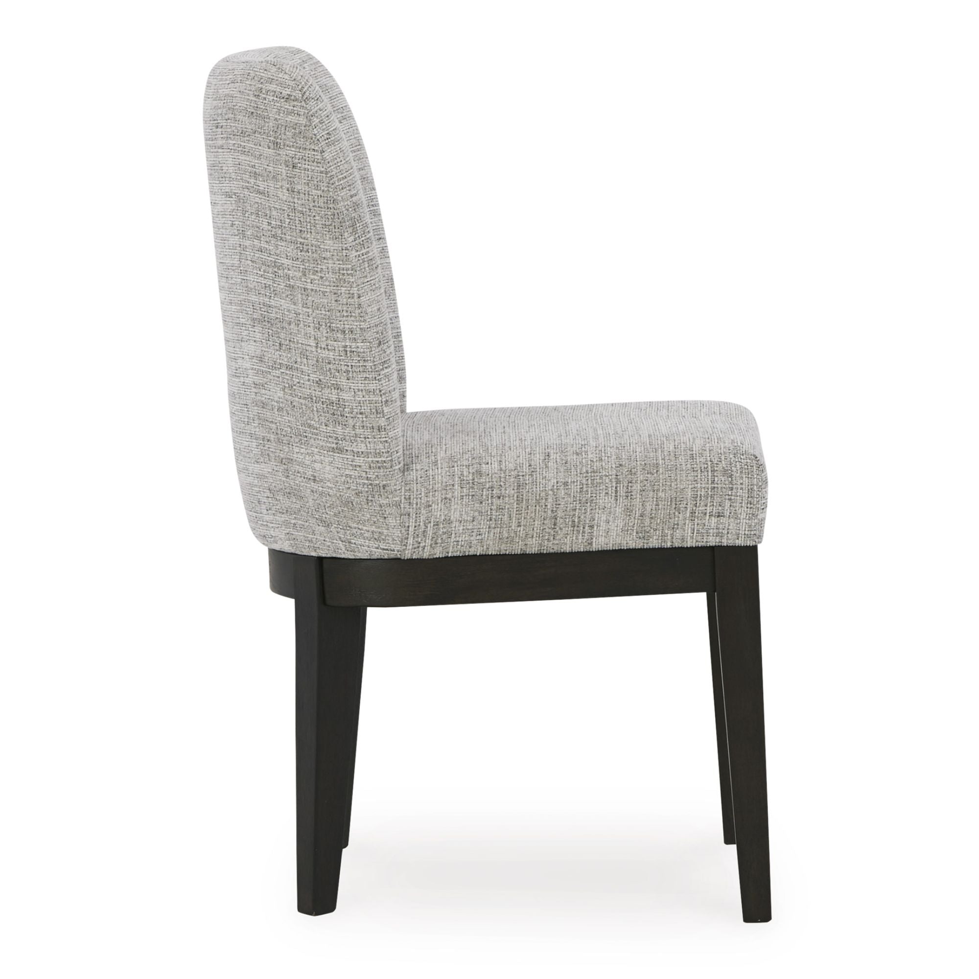 Set of two Signature Ashley Burkhaus Dining UPH Side Chairs with upholstered seats and wooden legs, modern dining room furniture.