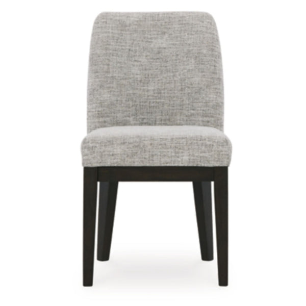 Pair of Signature Ashley Burkhaus Dining UPH side dining chairs, upholstered with wooden legs, set of two.