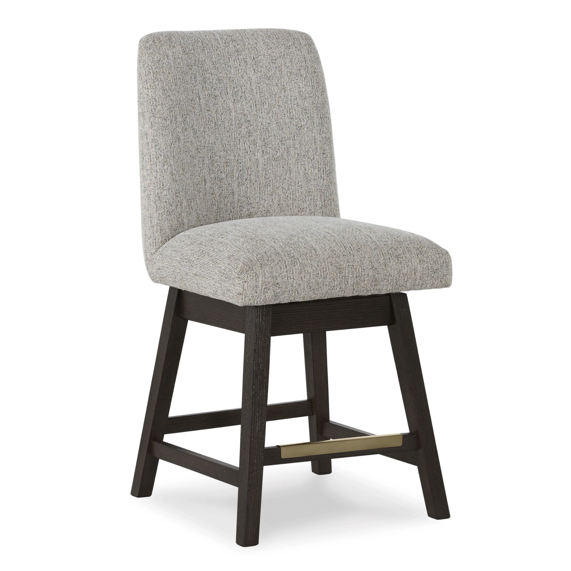 Two Signature Ashley Burkhaus UPH swivel bar stools with dark wooden legs and upholstered seats, set against a neutral background.