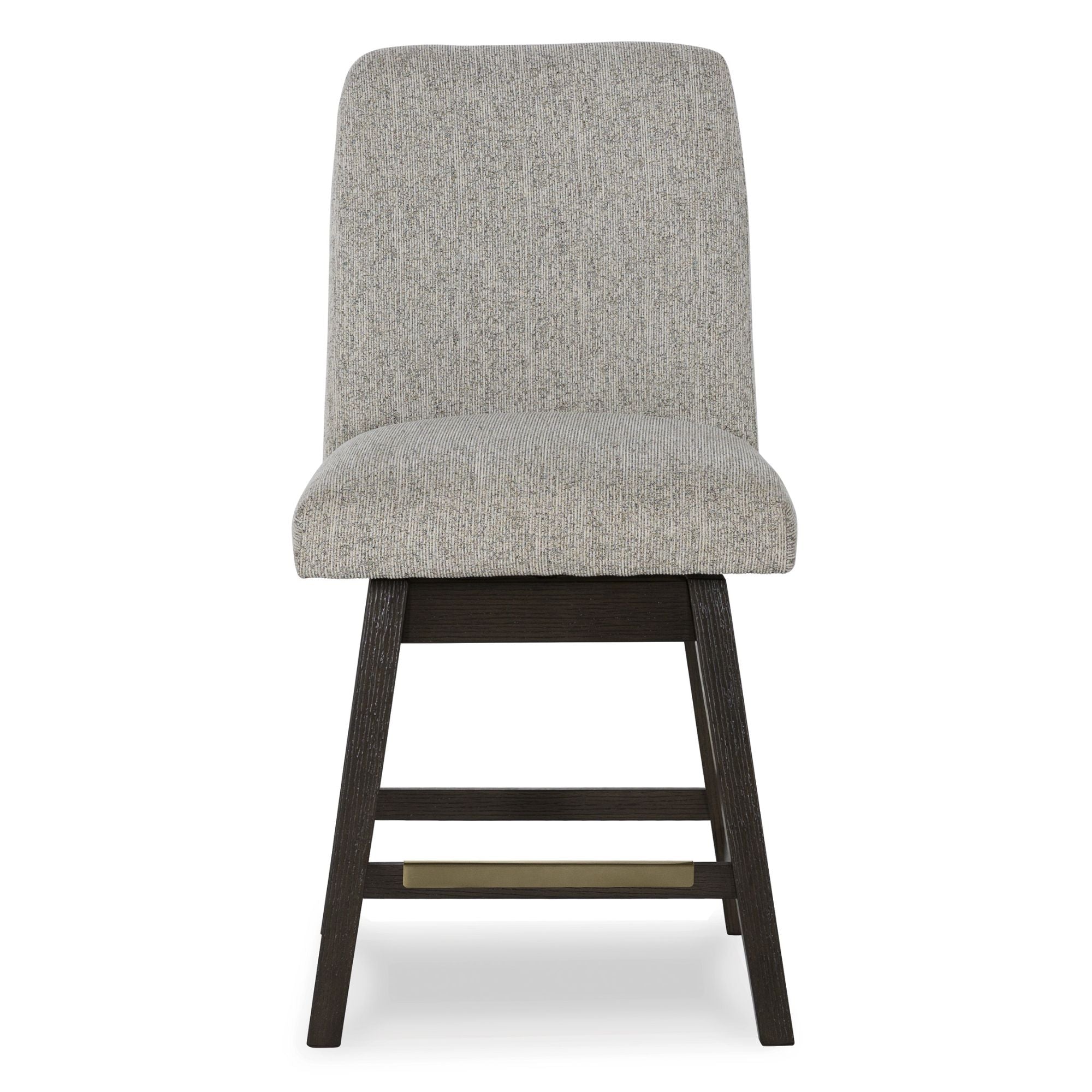 Pair of Signature Ashley Burkhaus UPH swivel bar stools with wooden legs and cushioned seats, set of 2.