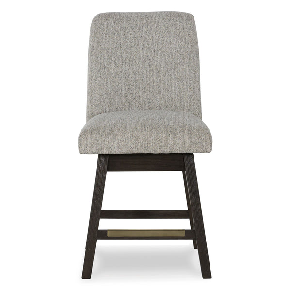 Pair of Signature Ashley Burkhaus UPH swivel bar stools with wooden legs and cushioned seats, set of 2.