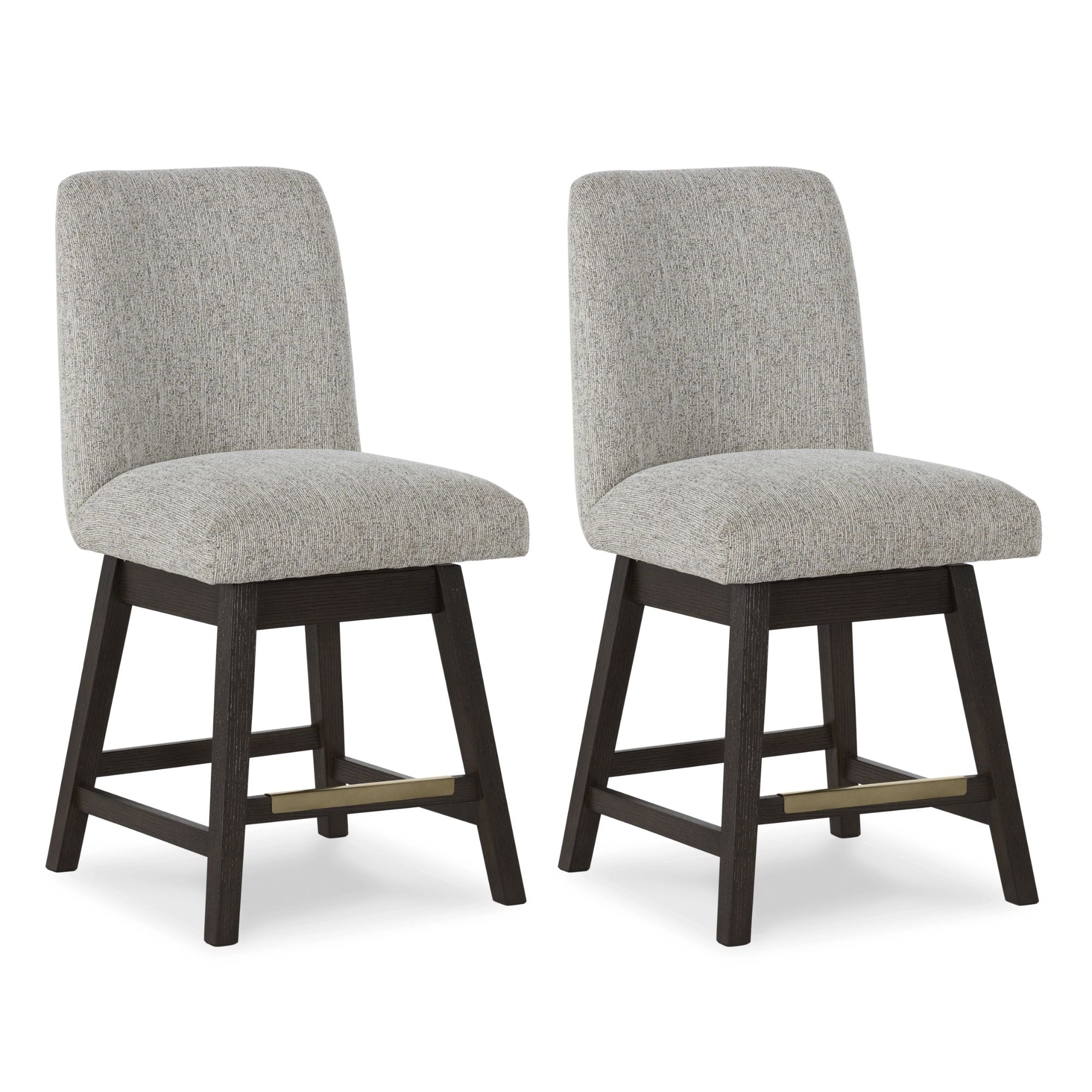Two Signature Ashley Burkhaus UPH Swivel Bar Stools with dark wood legs and upholstered seats, set against a modern kitchen background.