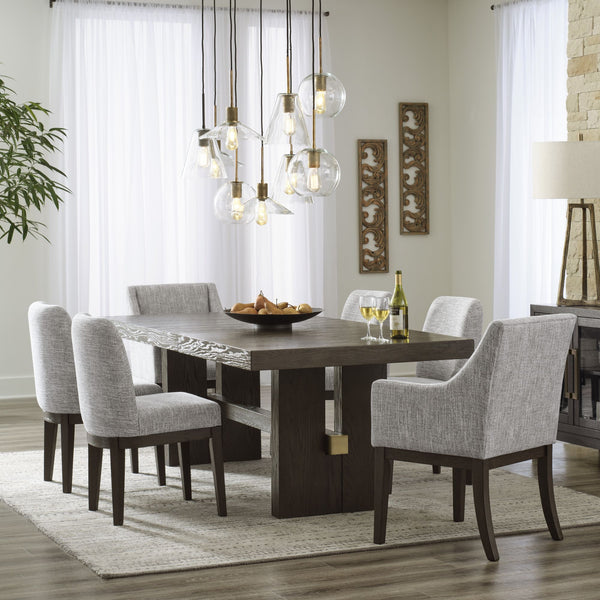 Dark brown Ashley Signature dining room set with armchair, featuring a sturdy table and comfortable seating for a stylish dining space.