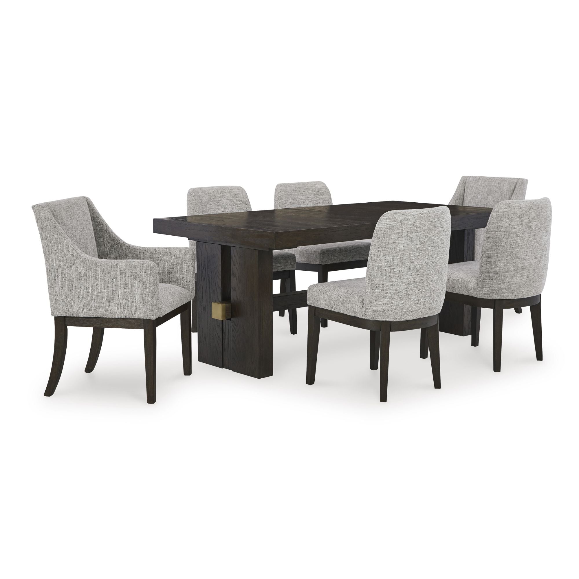 Dark brown Ashley Signature dining room set with arm chairs, featuring a classic extension table and plush upholstered seating.