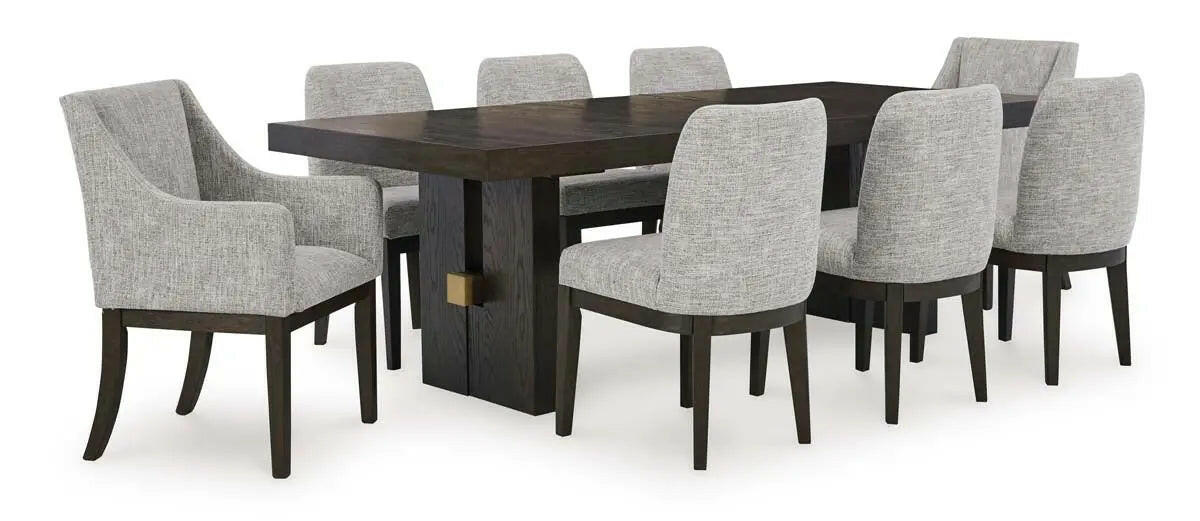 Dark brown Burkhaus EXT dining room set with arm chair featuring a wooden table and matching upholstered chairs, Signature Ashley furniture.