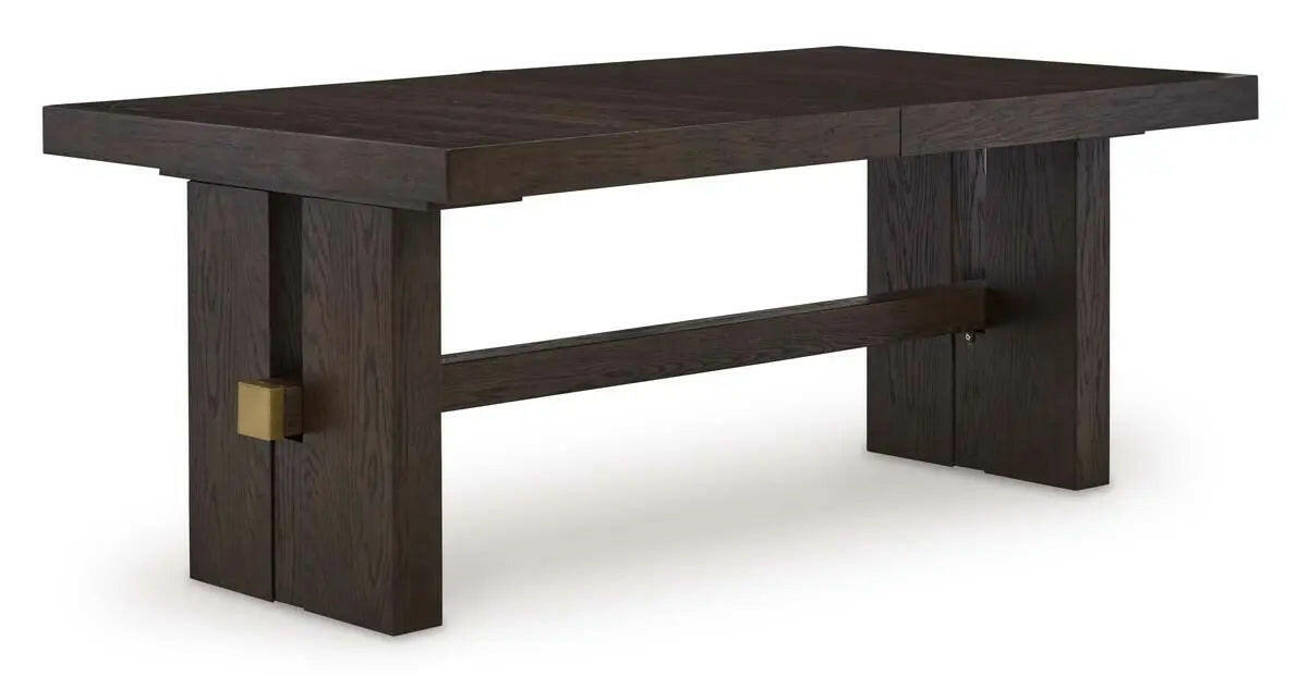 Dark brown Ashley Signature dining room set with armchair, including table and chairs, shown from an angled side view.