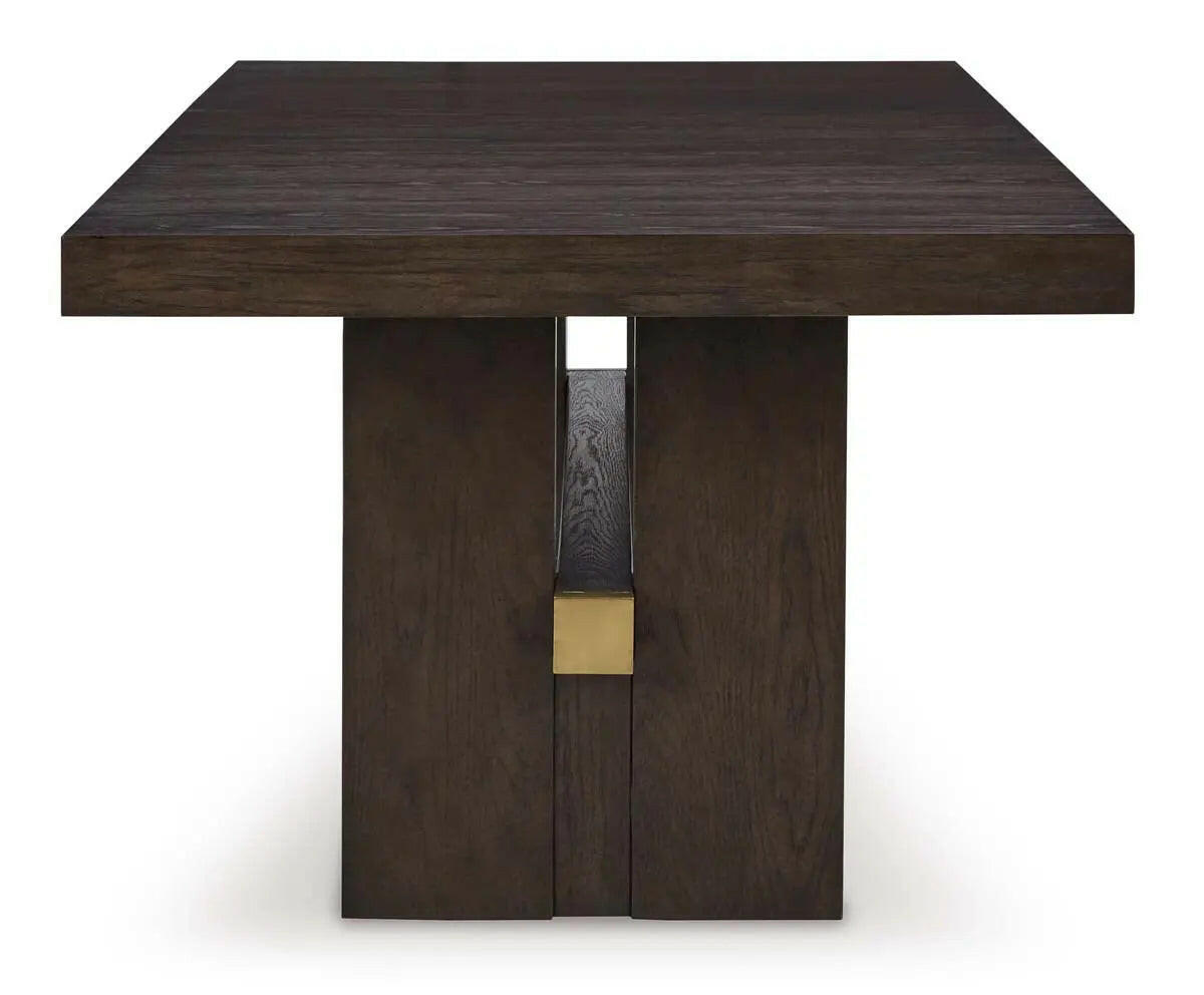 Dark brown Ashley Signature Burkhaus EXT dining room set with armchair, featuring a table and surrounding seating for elegant dining.