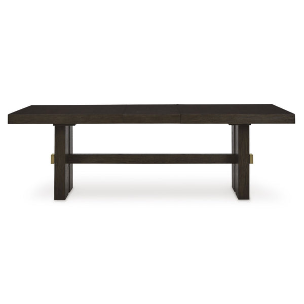 Signature Ashley Burkhaus Ext Dining Room Table shown with extended leaves and wooden finish in a modern dining space.