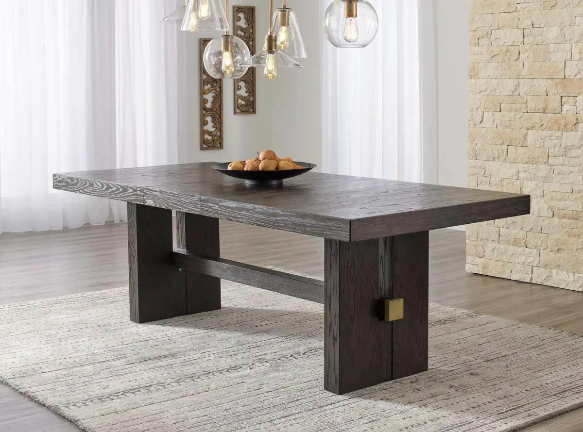 Dark brown Ashley Signature dining room set with table and chairs, modern design, ideal for stylish dining spaces.