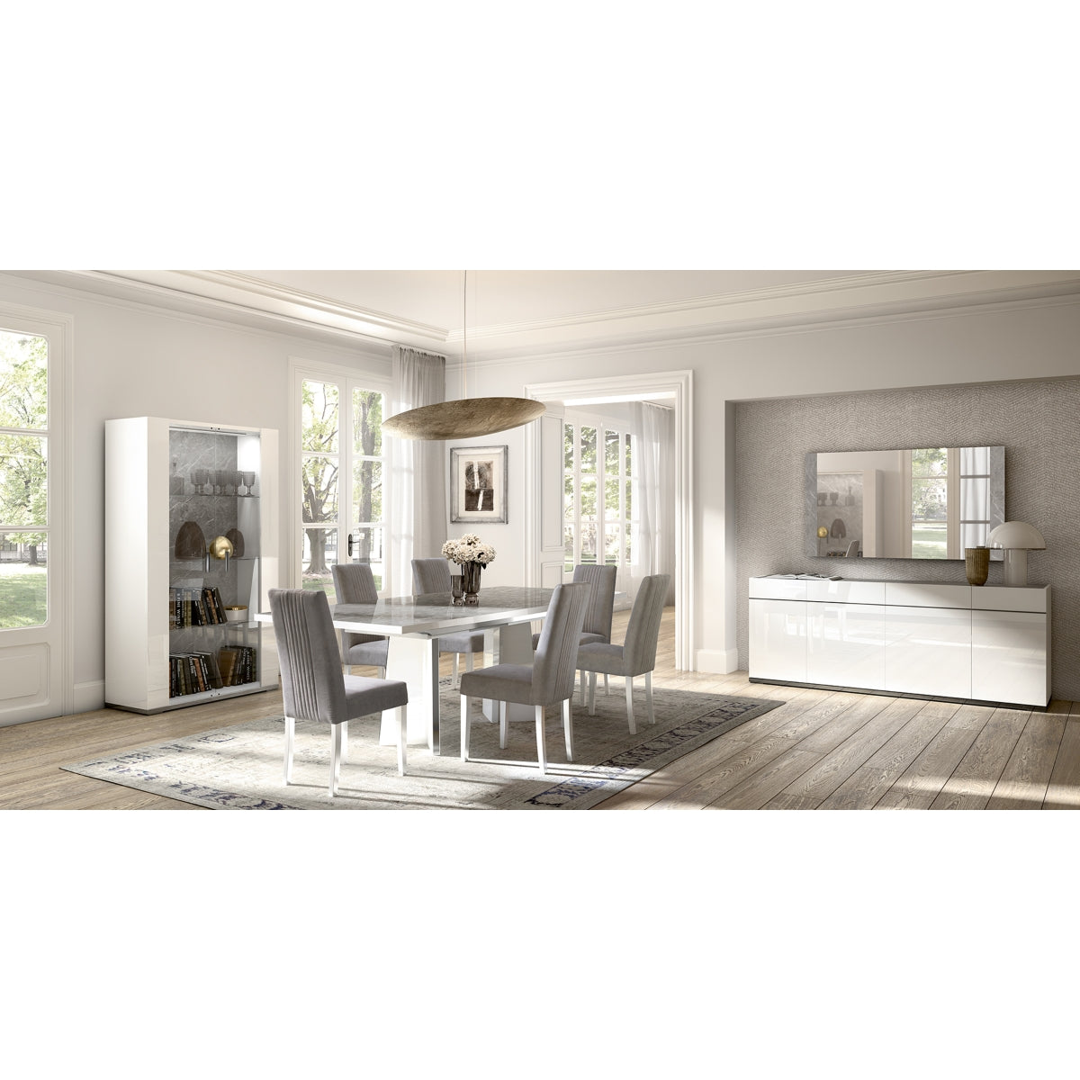White Italian lacquer Mara 7-piece dining room set by Status Italia, featuring a sleek, modern design with matching chairs and table.
