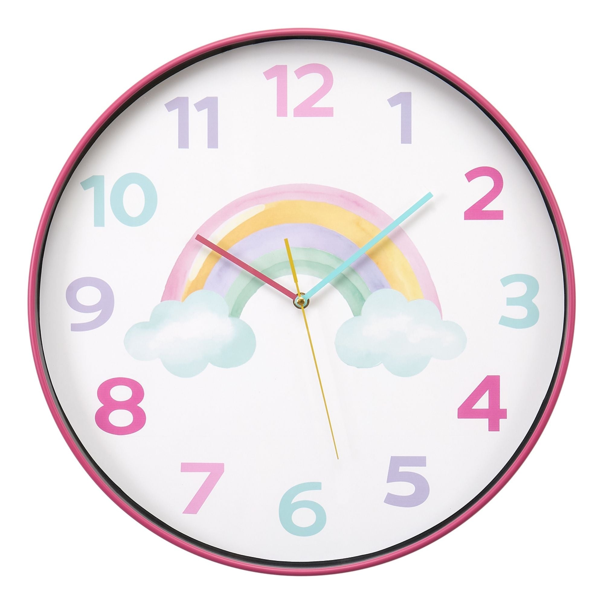 Colorful Monarch Specialties 18-inch kids wall clock with rainbow design, featuring multicolor clock face and playful style.