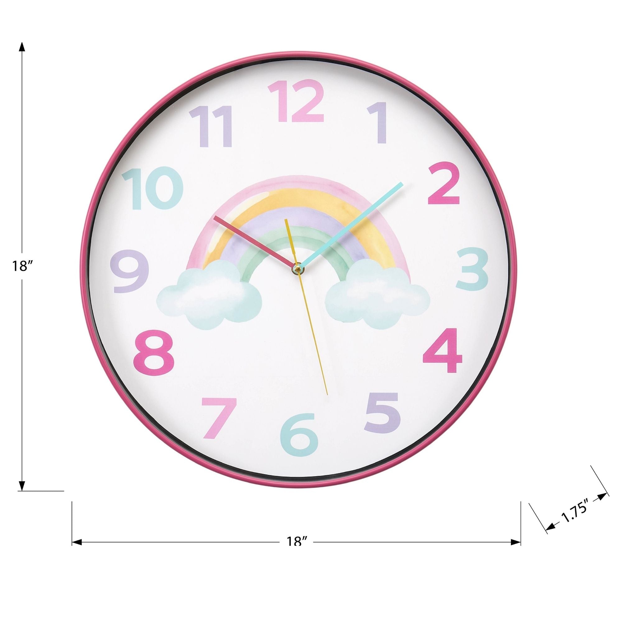 Colorful 18-inch Monarch Specialties wall clock for kids featuring a rainbow design and vibrant multi-color face.