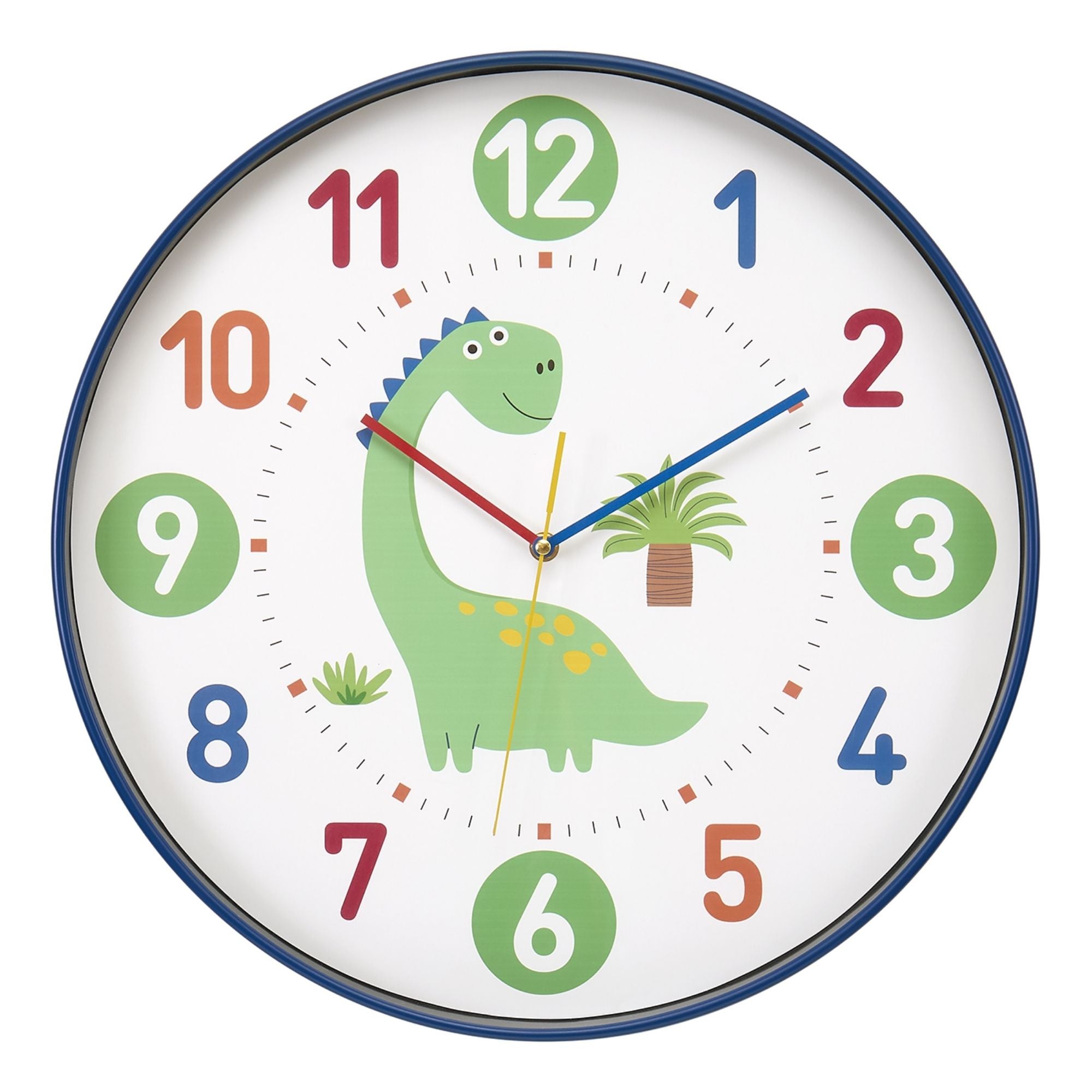 Colorful 18-inch Dinosaur wall clock for kids by Monarch Specialties, featuring a fun dinosaur design on a multicolor clock face.