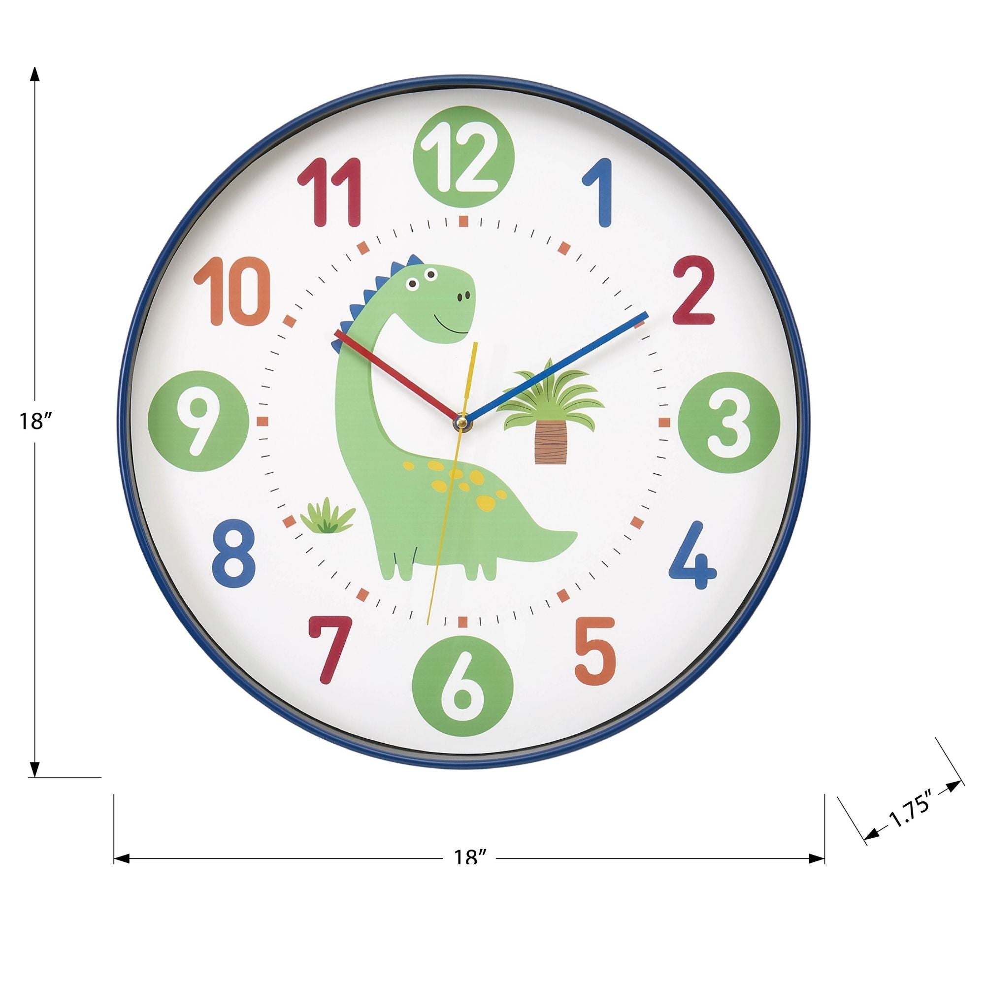 Colorful 18-inch Dinosaur Wall Clock for Kids by Monarch Specialties, featuring playful dinosaur design and vibrant multi-color face.