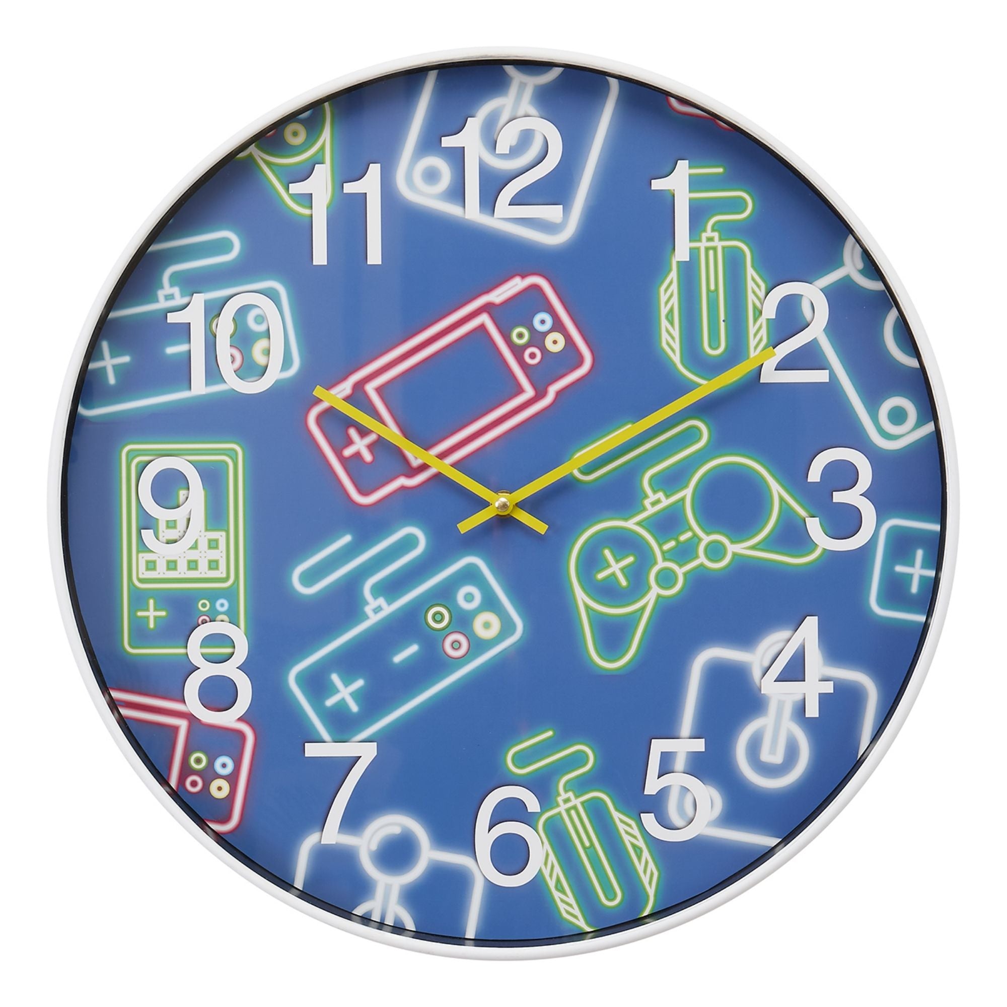 Colorful Monarch Specialties Juvenile Spaces 18-inch wall clock for kids, featuring a playful galaxy design with multi-color accents.