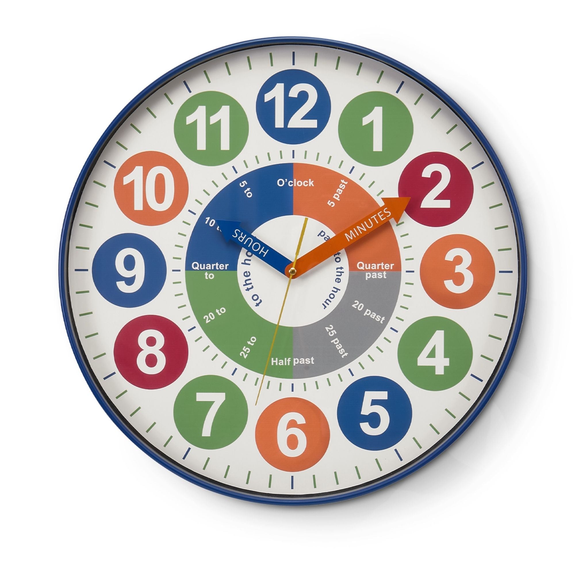Multi-color 18-inch diameter wall clock for kids by Monarch Specialties, featuring a playful design and bold colors.
