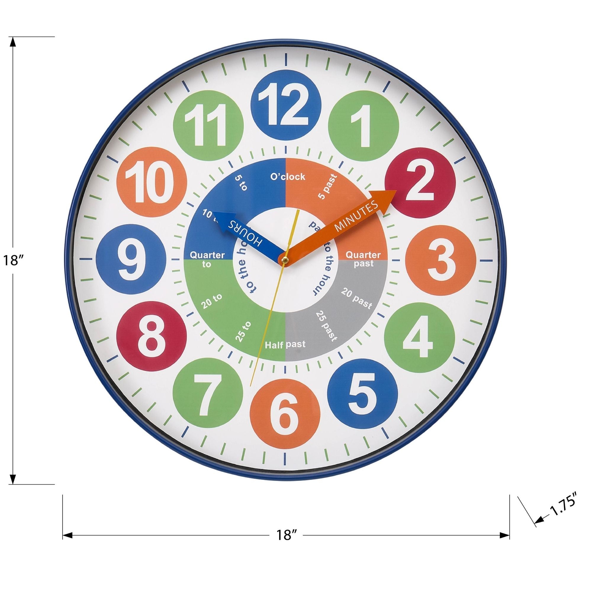 Colorful 18-inch diameter Monarch Specialties wall clock for kids, featuring vibrant multi-color design and easy-to-read clock face.