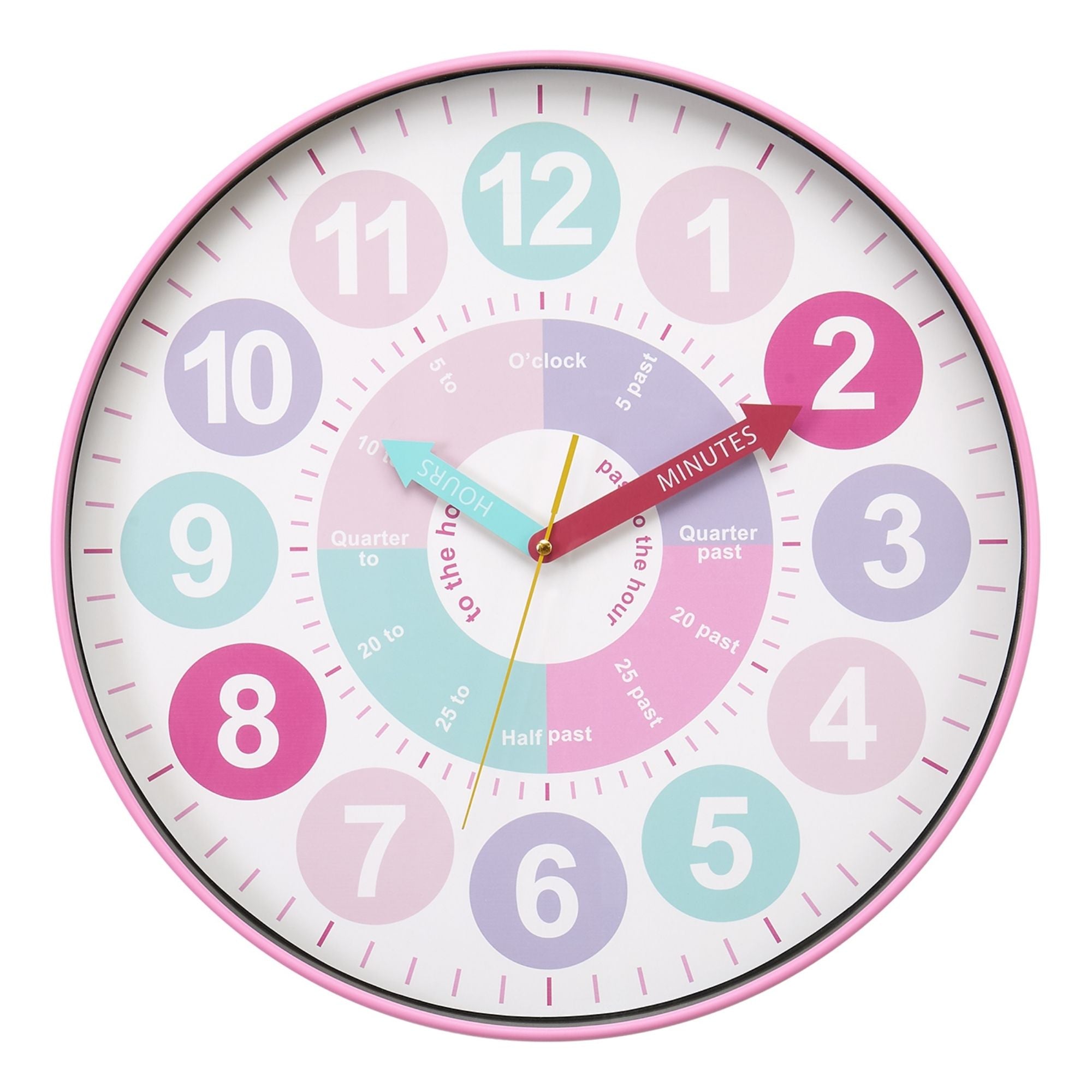 Pink 18-inch diameter wall clock for kids by Monarch Specialties, featuring colorful numbers and playful design.